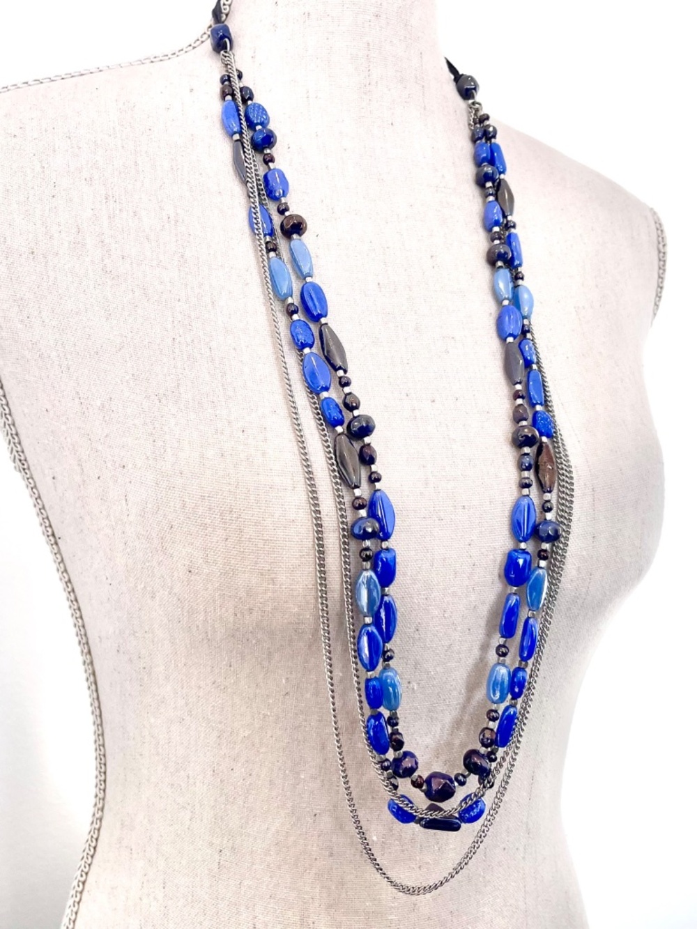 Blue Beaded Silver Chain Long Layered Necklace